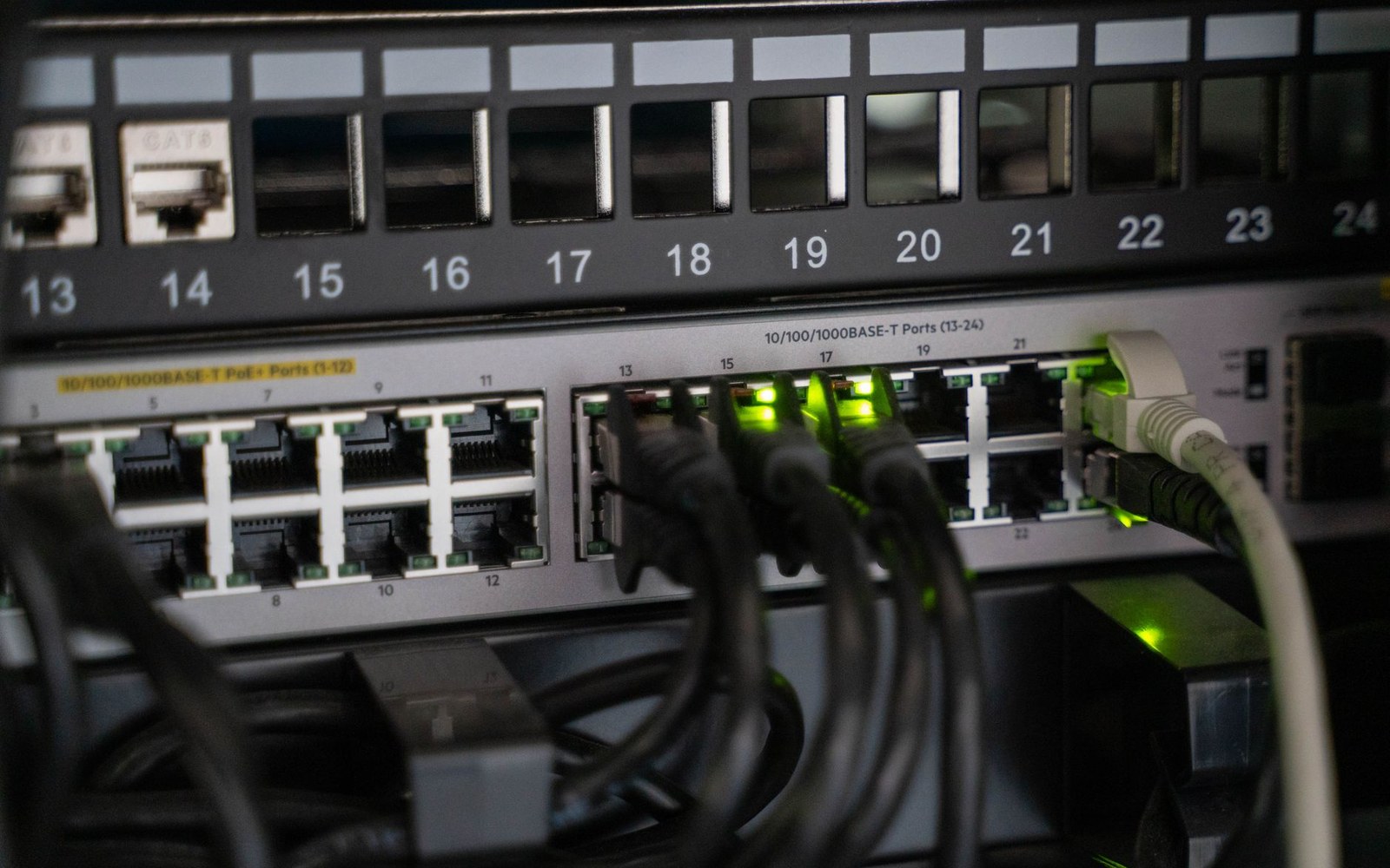 Ethernet cables plugged into a numbered network switch with glowing green status lights