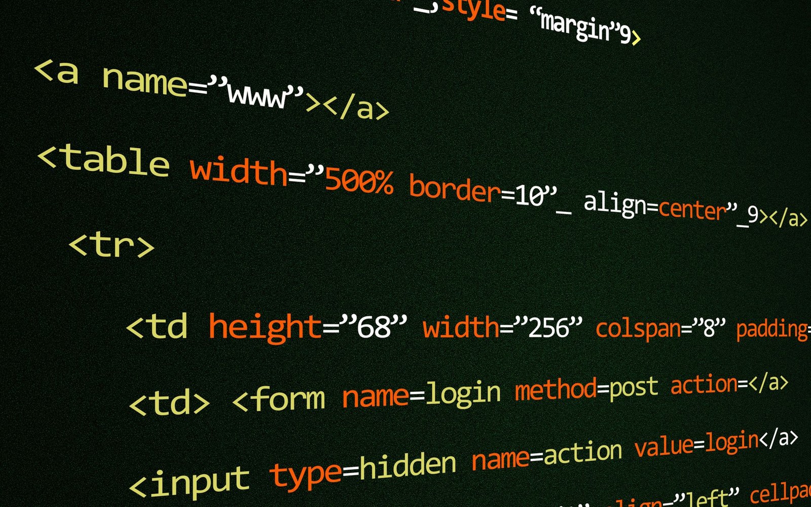 HTML code with colored tags for table, form, and input elements on dark background